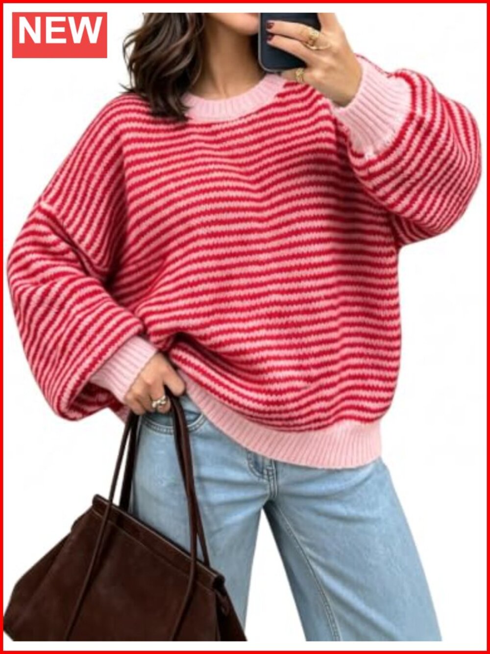 Oversized Striped Knit Sweater Color Block Crewneck Pullover Top